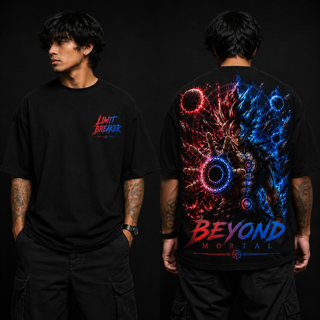 MAVORA Beyond Mortal oversized T-shirt with red and blue warrior back artwork