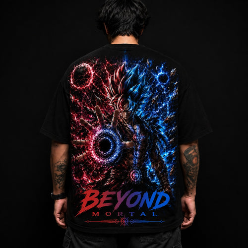 MAVORA Beyond Mortal black oversized T-shirt with Limit Breaker front chest print