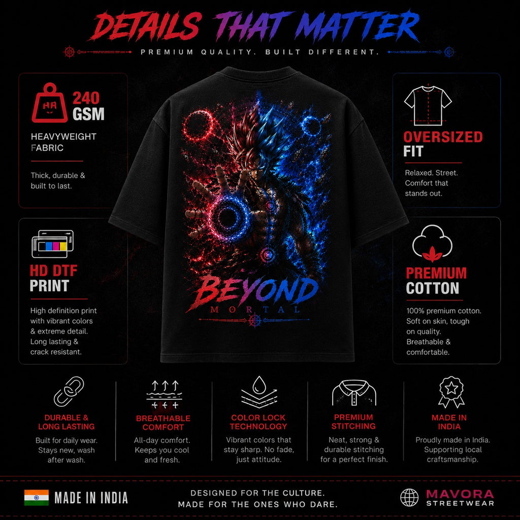 Model wearing MAVORA Beyond Mortal black oversized graphic T-shirt in a streetwear setting