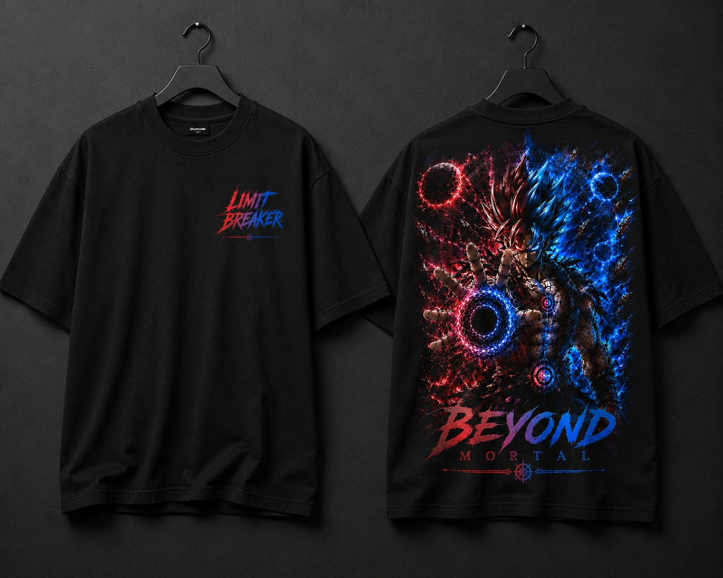 Front and back view of MAVORA Beyond Mortal black oversized graphic T-shirt