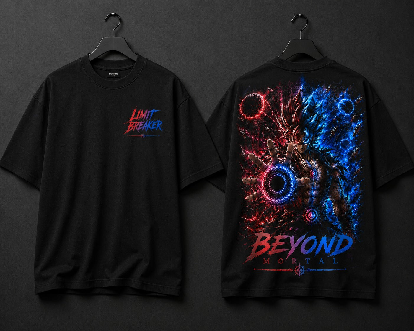 Front and back view of MAVORA Beyond Mortal black oversized graphic T-shirt