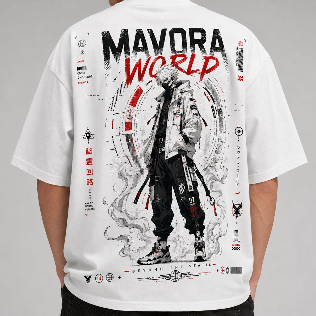 White t-shirt with a graphic design featuring a character and text on a gray background