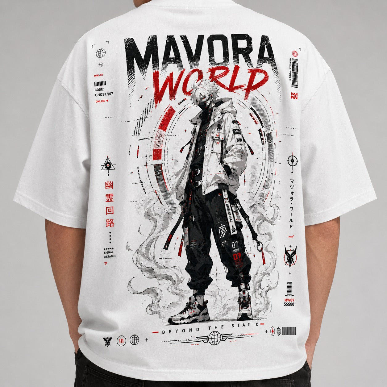 White t-shirt with a graphic design featuring a character and text on a gray background