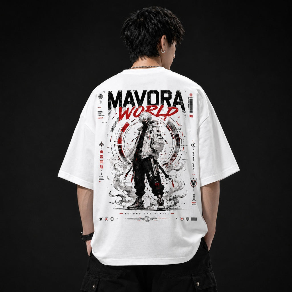 Person wearing a white t-shirt with 'Mavora World' design on the back against a black background