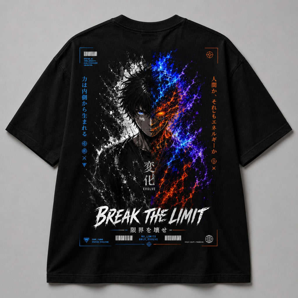 Black t-shirt with colorful graphic design and text on a gray background