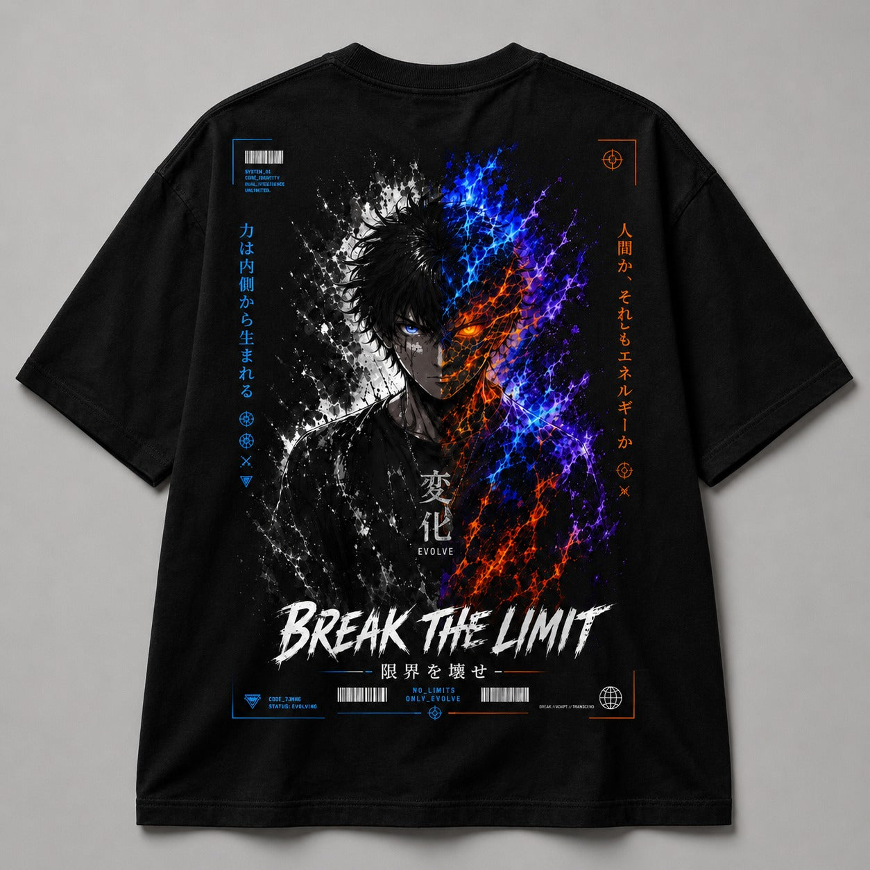 Black t-shirt with colorful graphic design and text on a gray background