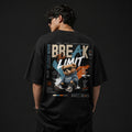 Person wearing a black t-shirt with a teddy bear graphic and 'Break The Limit' text on the back.