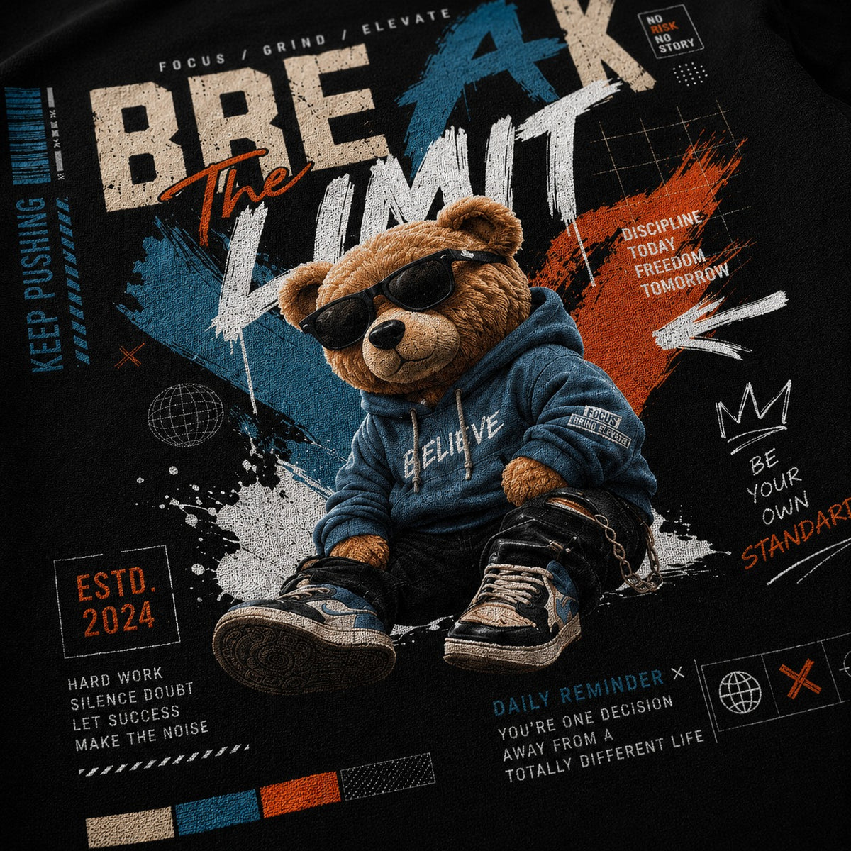 MAVORA Break The Limit black graphic T-shirt displayed in a flat-lay view