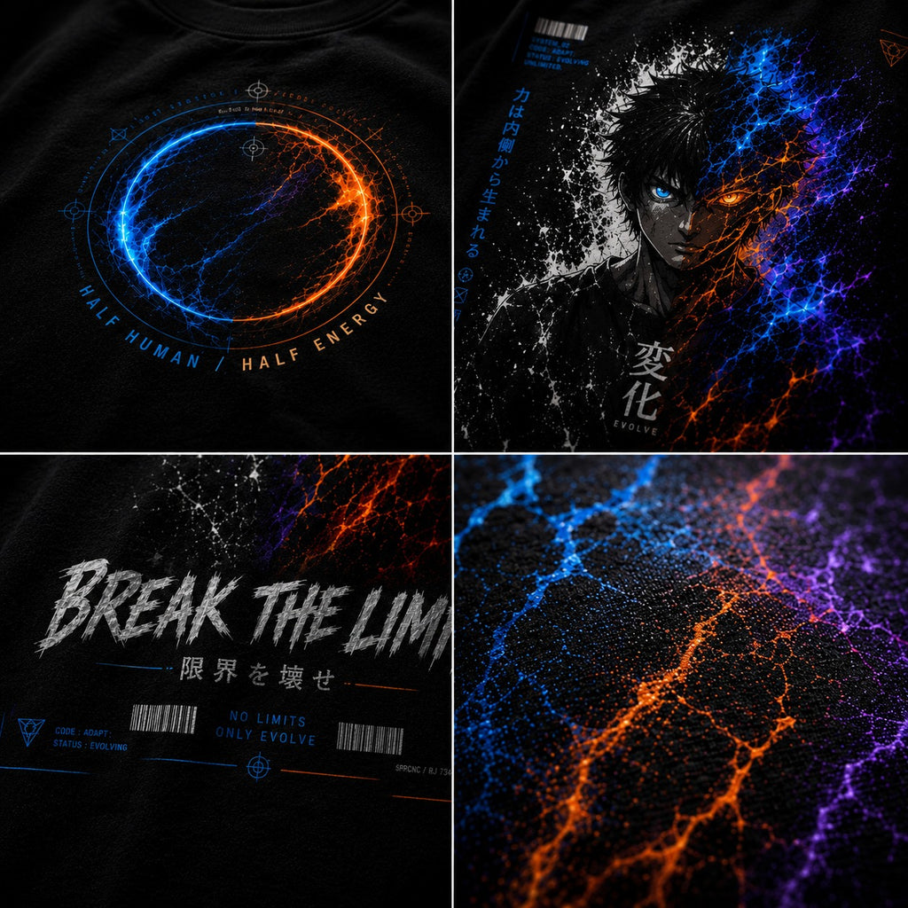 Four black t-shirts with futuristic designs featuring blue, orange, and purple colors.