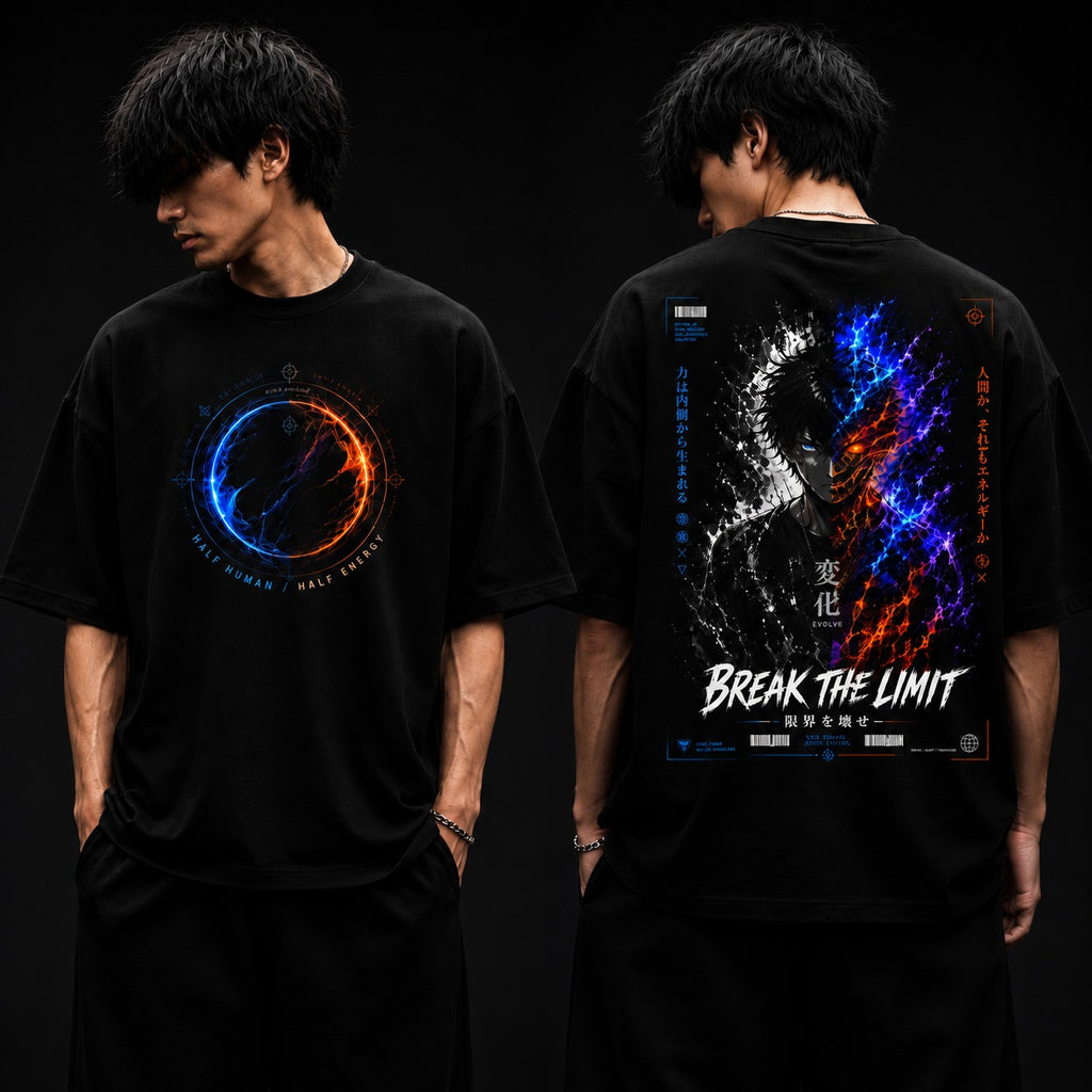 Person wearing a black t-shirt with colorful graphics on the front and back, set against a dark background.