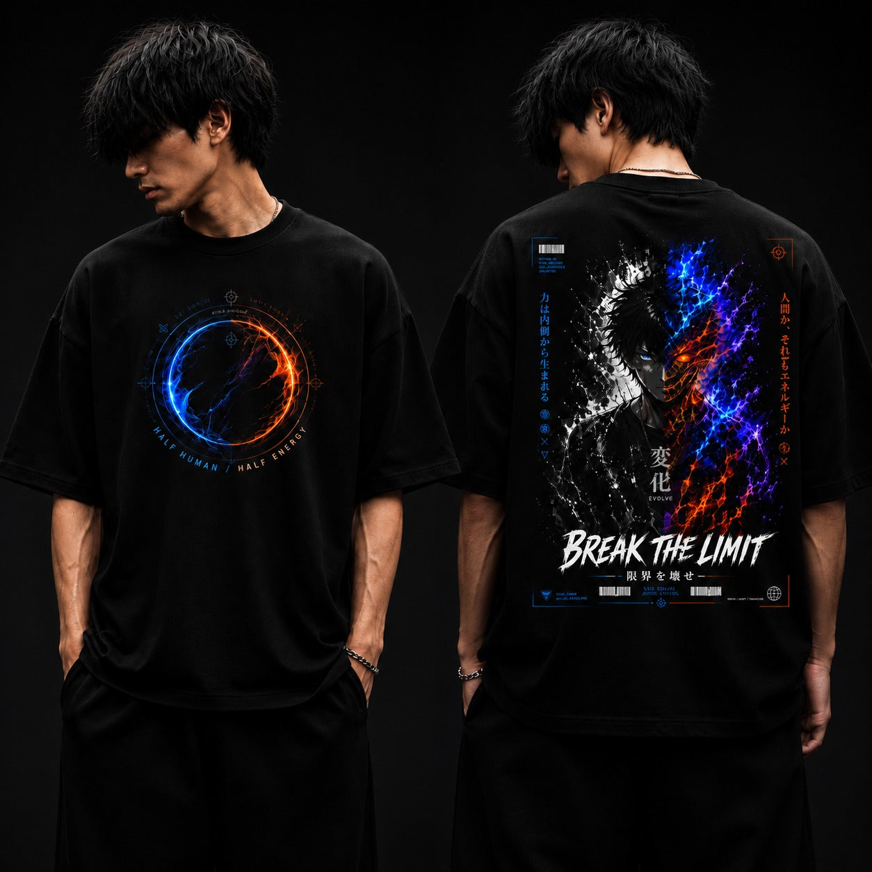 Person wearing a black t-shirt with colorful graphics on the front and back, set against a dark background.
