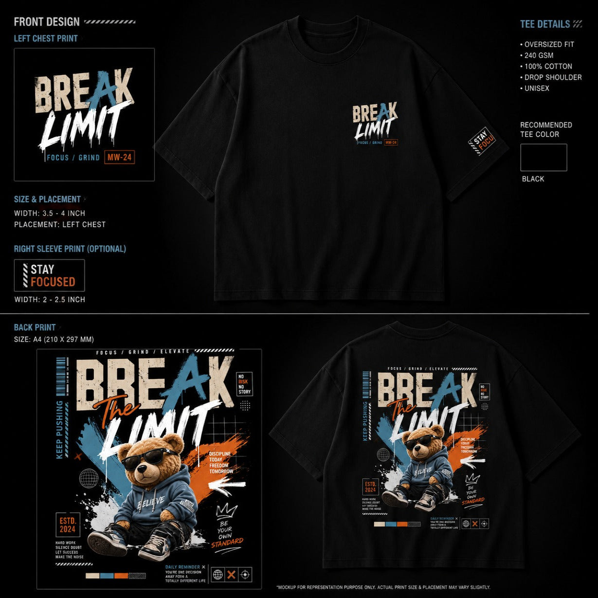 Black t-shirt with 'Break The Limit' design on front and back, featuring a bear graphic.