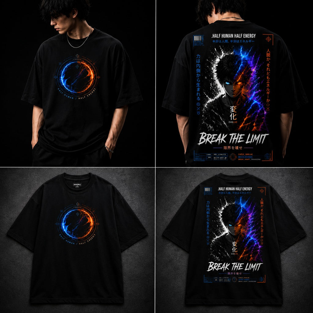 Black t-shirt with colorful graphics and text on front and back, worn by a person.