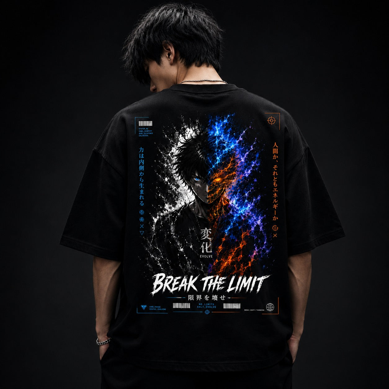 Person wearing a black t-shirt with a graphic design and text on the back against a dark background