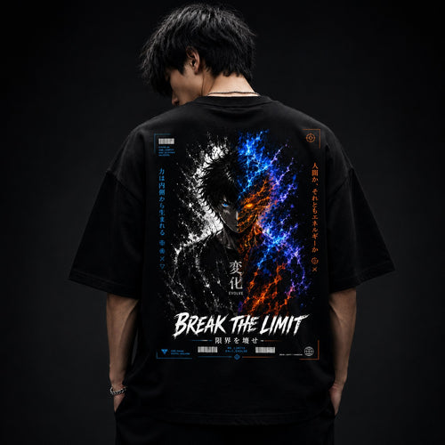 Person wearing a black t-shirt with a graphic design and text on the back against a dark background