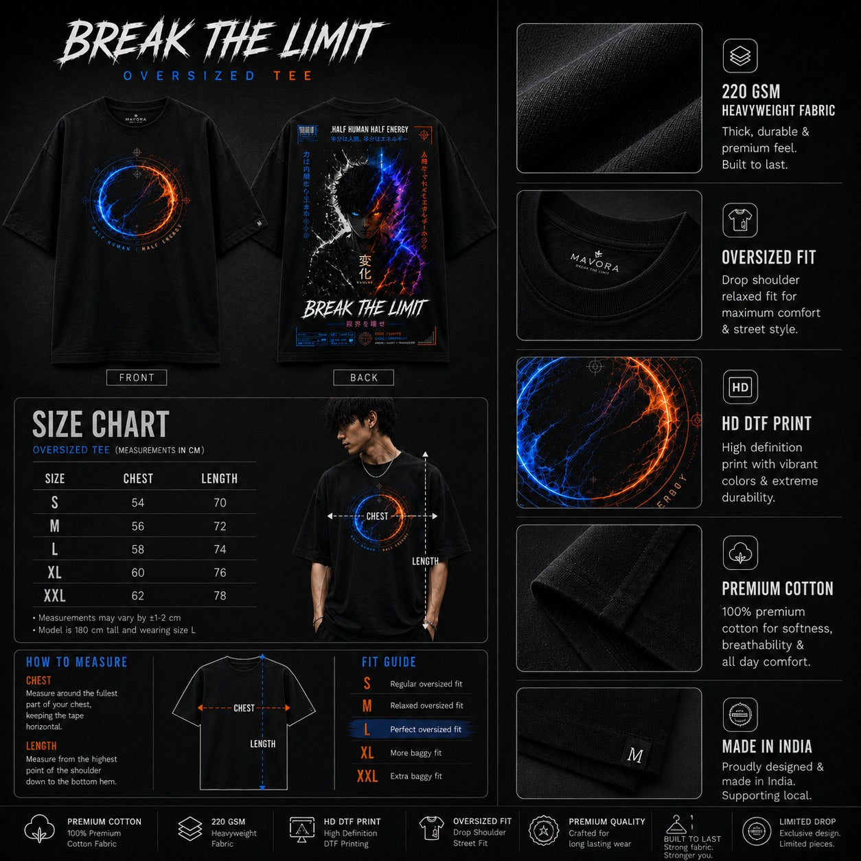Black oversized tee with colorful graphics and product details on a black background