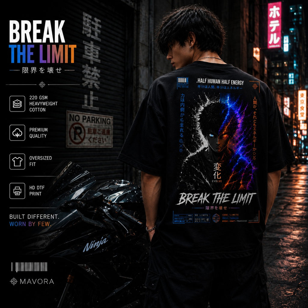 Person wearing a black t-shirt with a graphic design and text on the back, standing in a city street at night.