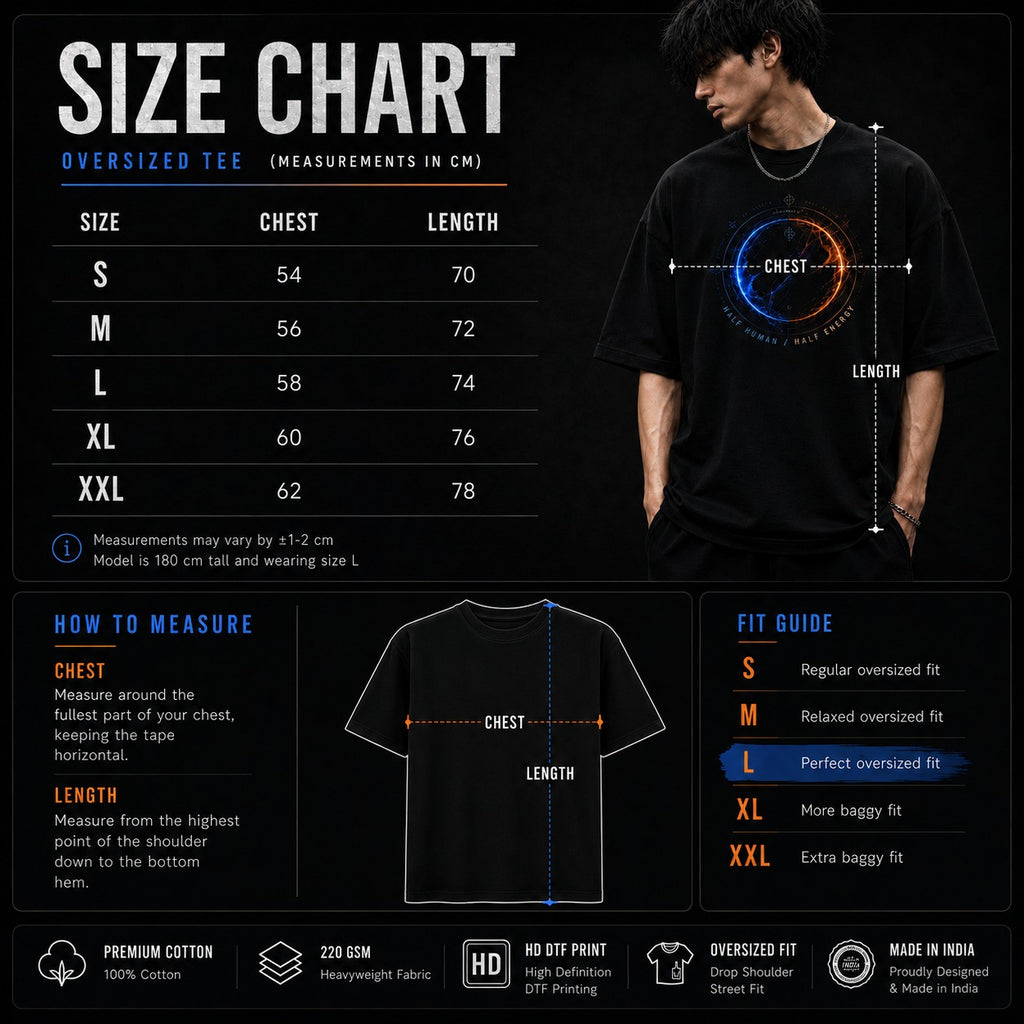 Size chart for oversized t-shirts with a model wearing a black t-shirt with a colorful design.