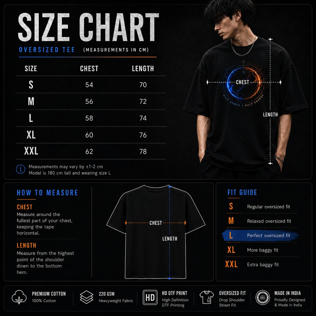 Size chart for oversized t-shirts with a model wearing a black t-shirt with a colorful design.