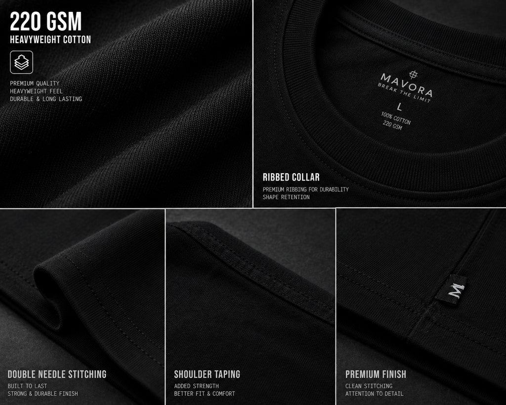 Black shirt with Mavora branding and text detailing fabric quality and features.