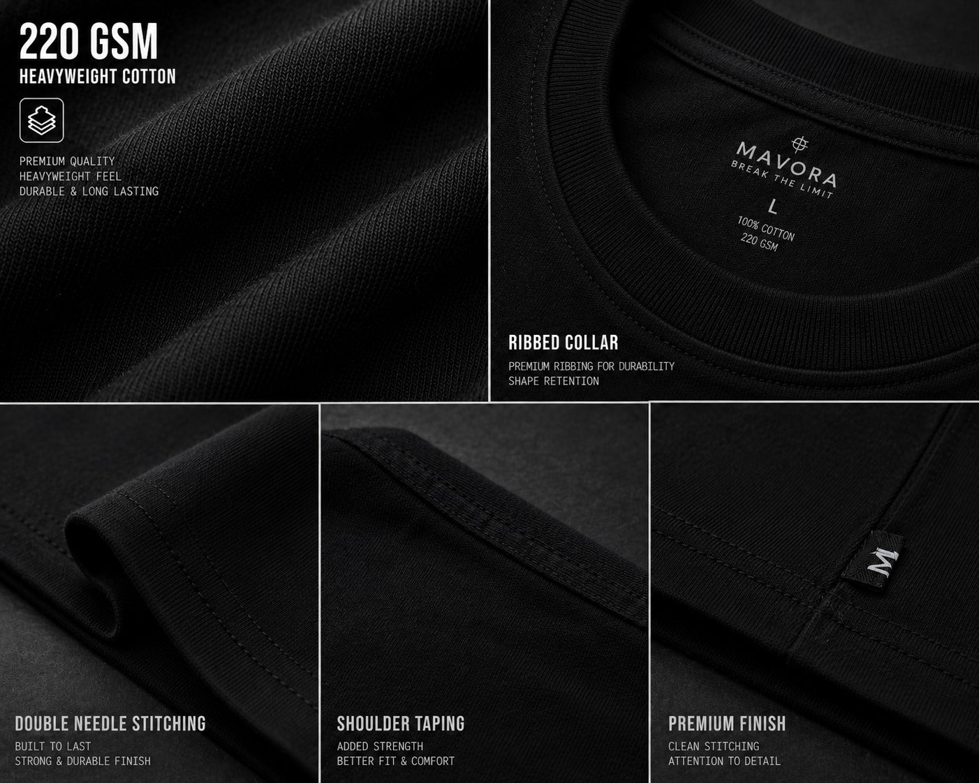 Black shirt with Mavora branding and text detailing fabric quality and features.