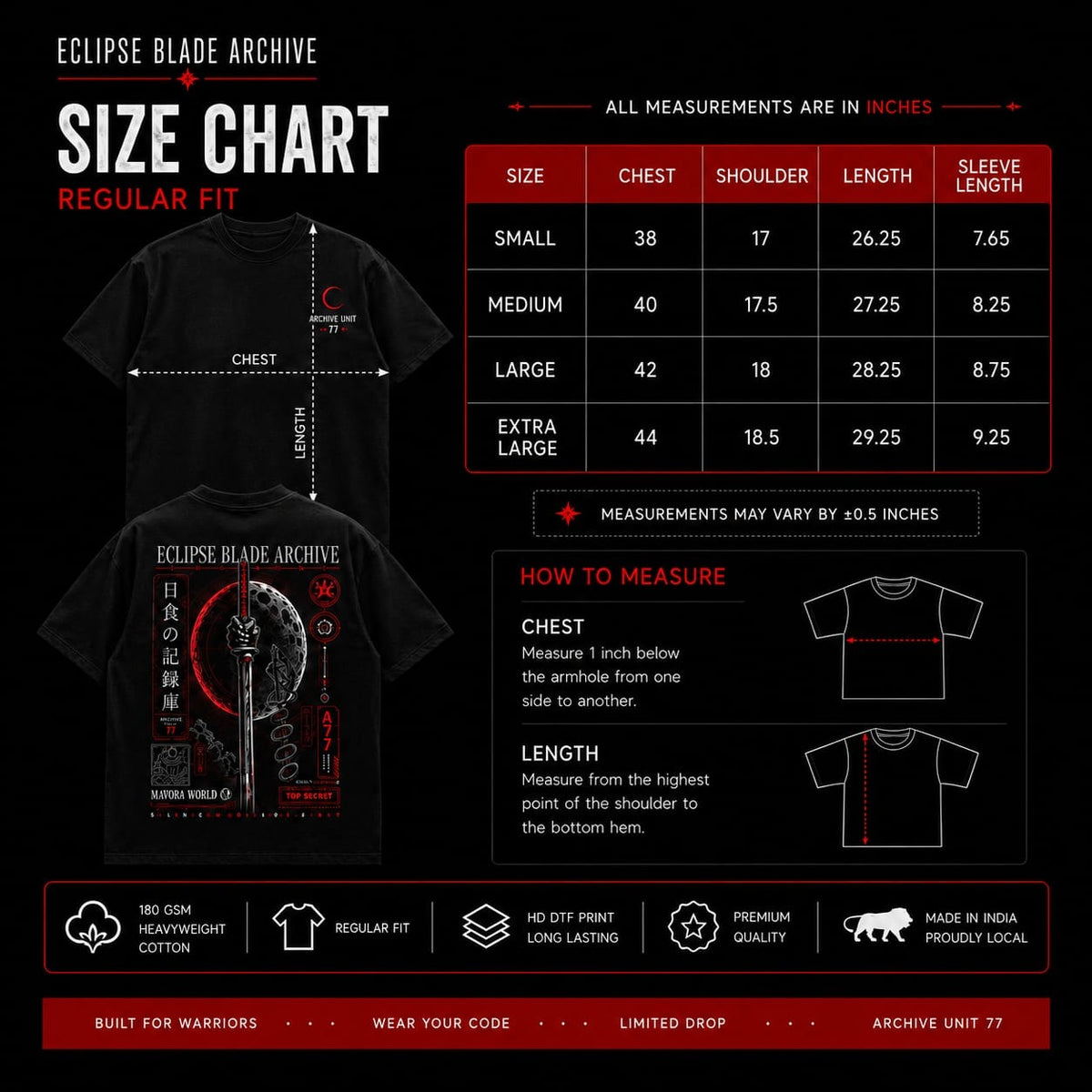 MAVORA Break The Limit regular-fit T-shirt size chart and measurements