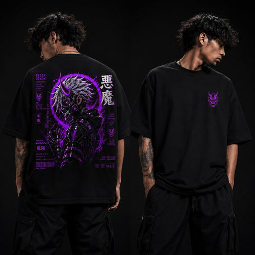 Person wearing a black t-shirt with a purple graphic design on the back, standing against a dark background.