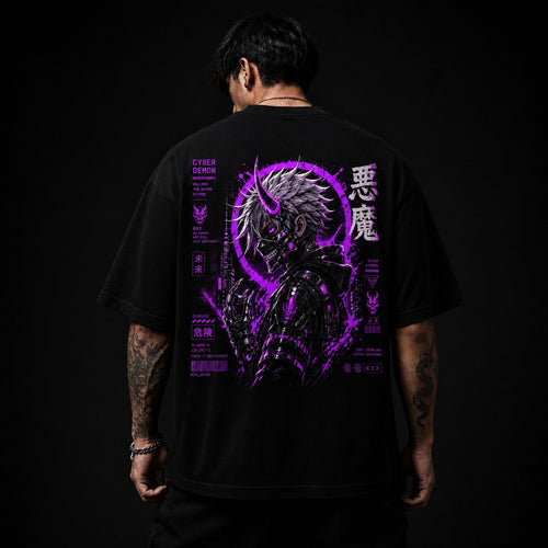 Person wearing a black t-shirt with a purple and white graphic design on the back against a black background