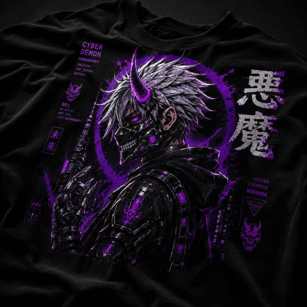 Black t-shirt with a cyber demon graphic design featuring purple accents and text.