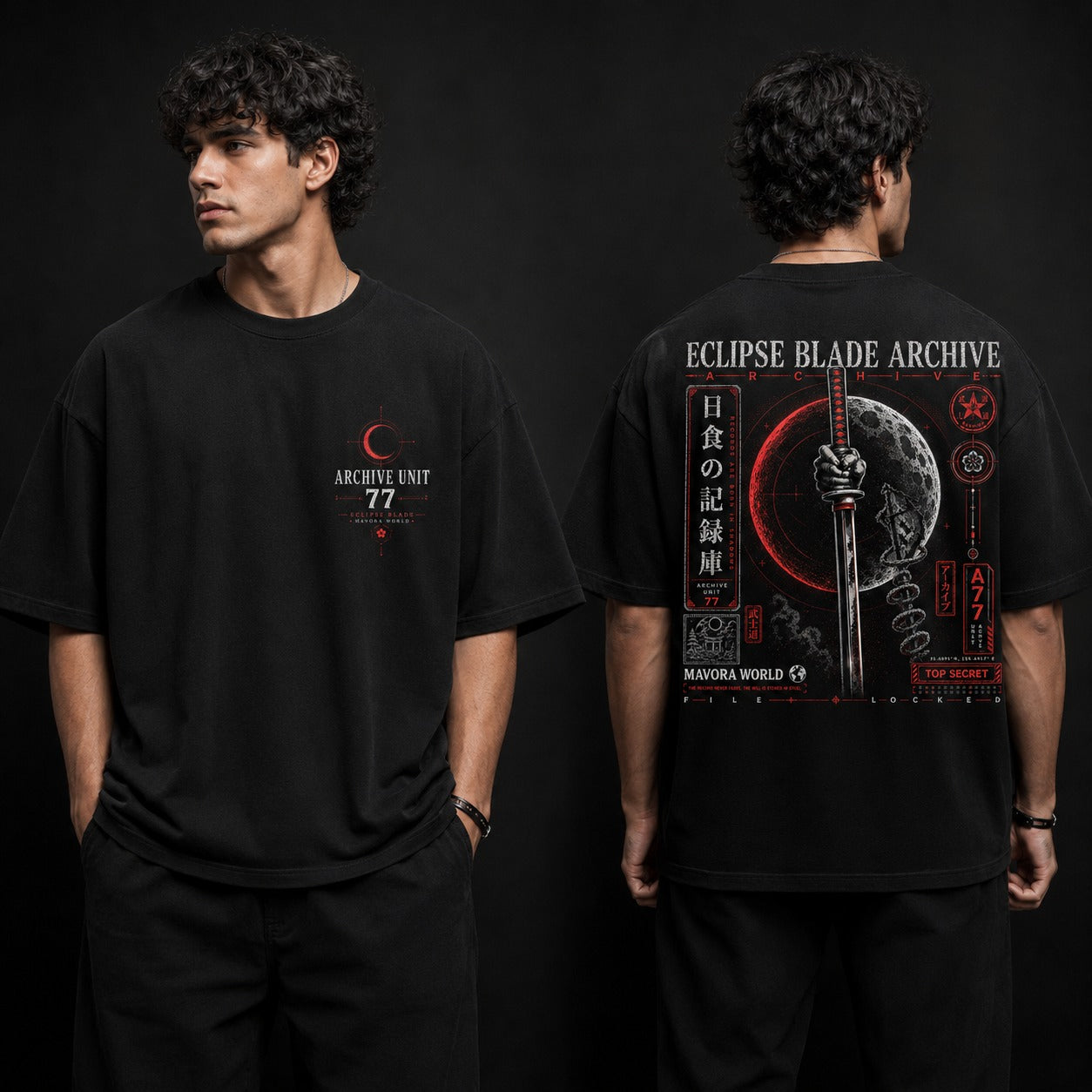 Person wearing a black t-shirt with 'Eclipse Blade Archive' design on front and back against a dark background