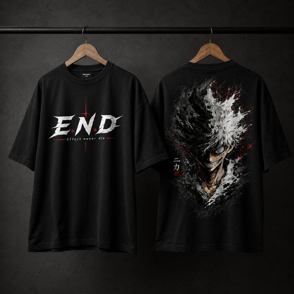 Front and back view of MAVORA Effort Never Die oversized graphic T-shirt