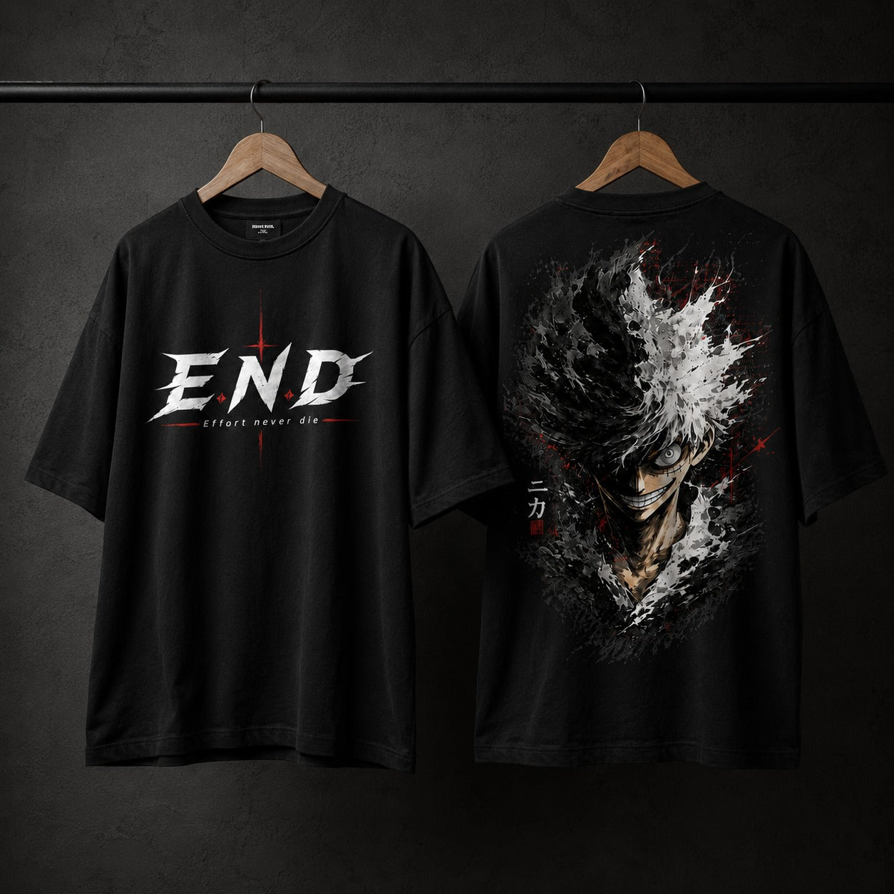 Front and back view of MAVORA Effort Never Die oversized graphic T-shirt