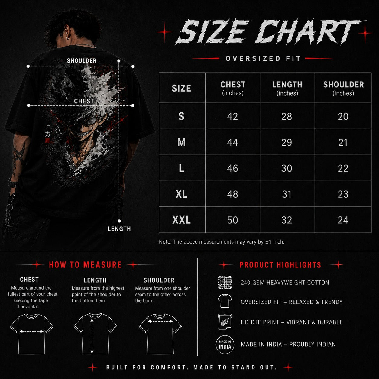 MAVORA Effort Never Die oversized T-shirt size chart and measurements
