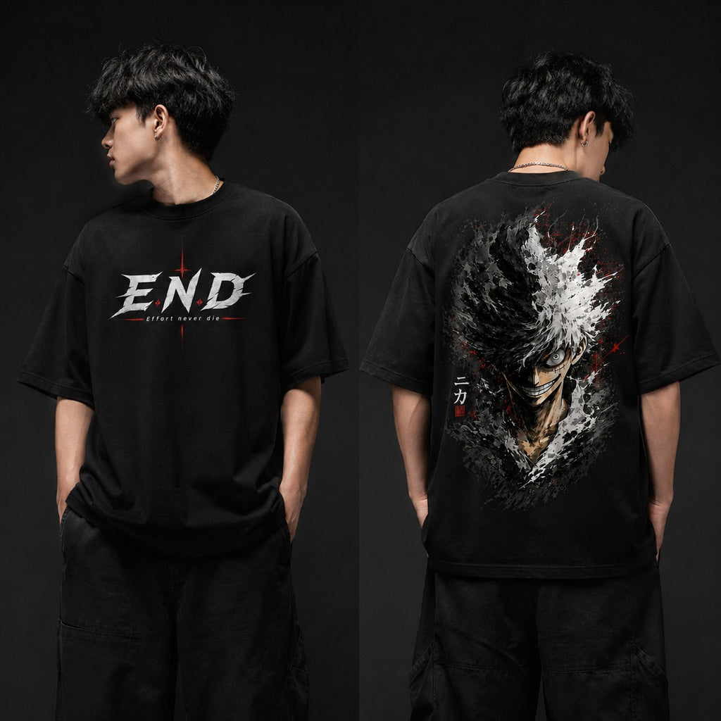 MAVORA Effort Never Die oversized T-shirt with anime-inspired back artwork