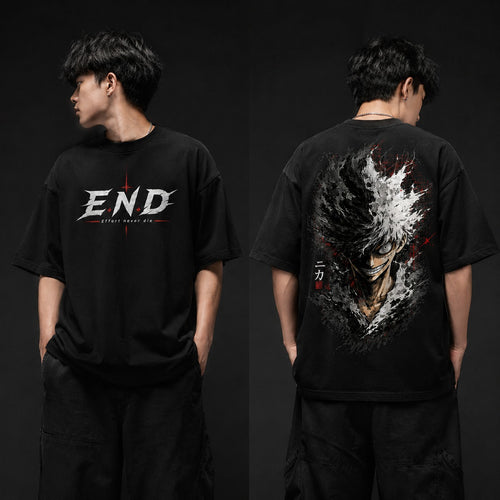 MAVORA Effort Never Die oversized T-shirt with anime-inspired back artwork