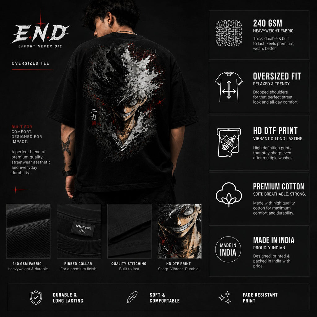 Model wearing MAVORA Effort Never Die black oversized graphic T-shirt