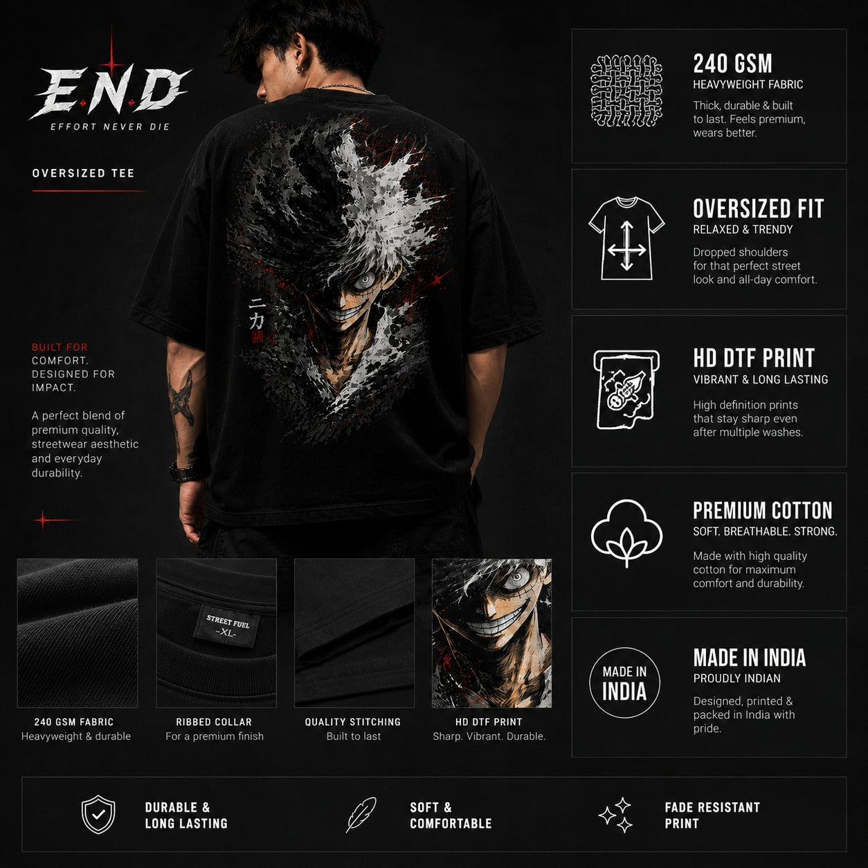 Model wearing MAVORA Effort Never Die black oversized graphic T-shirt