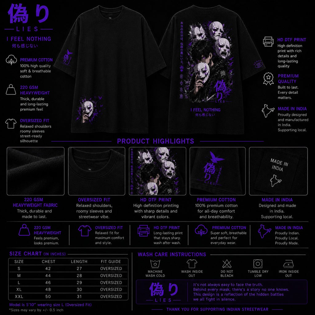 Black t-shirt with graphic design and product details on a black background