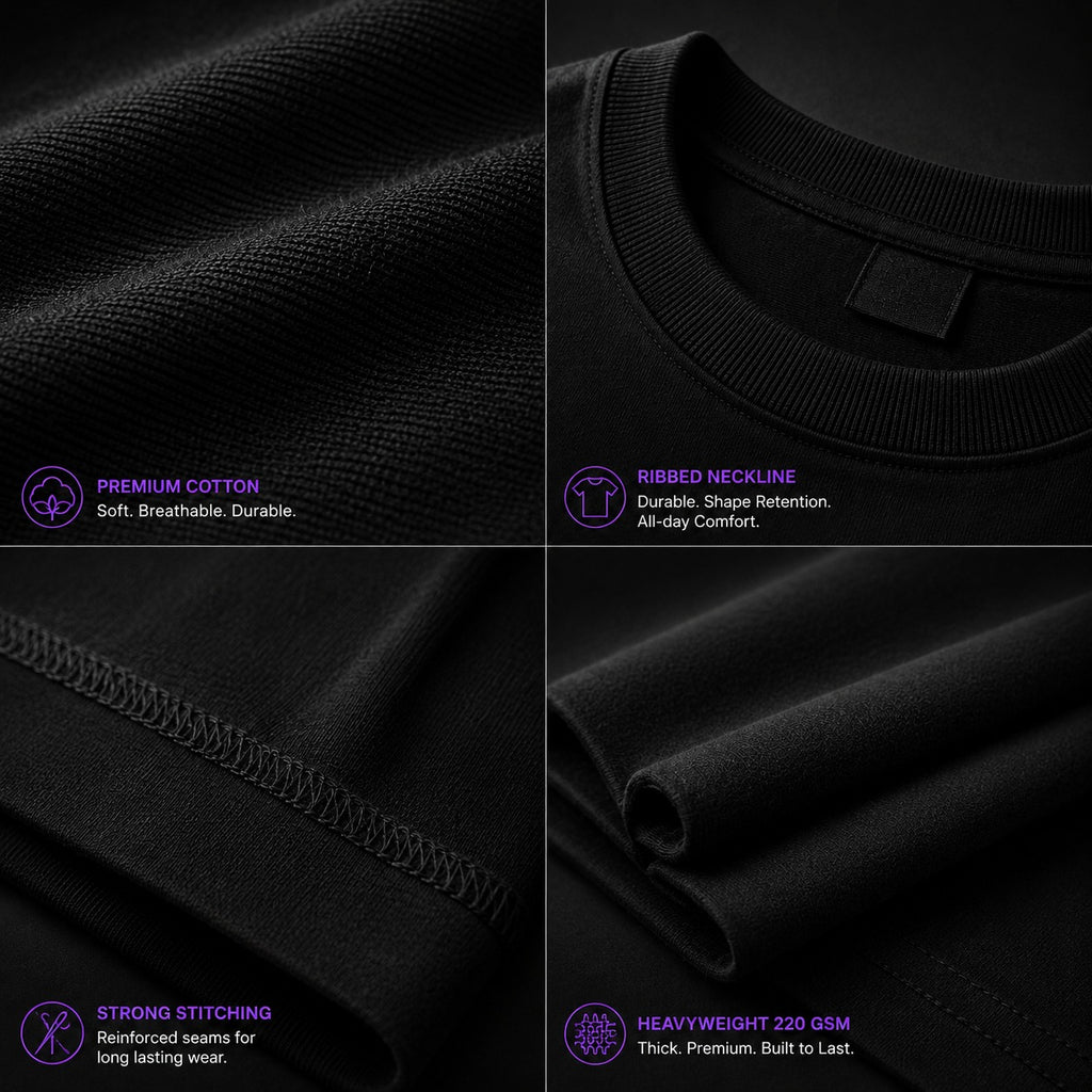 Black t-shirt with text highlighting features like premium cotton, ribbed neckline, strong stitching, and heavyweight construction.