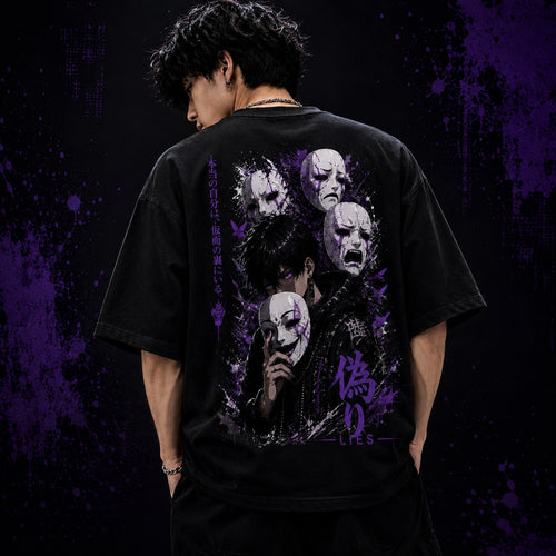 Person wearing a black t-shirt with graphic designs and text on the back against a dark background.