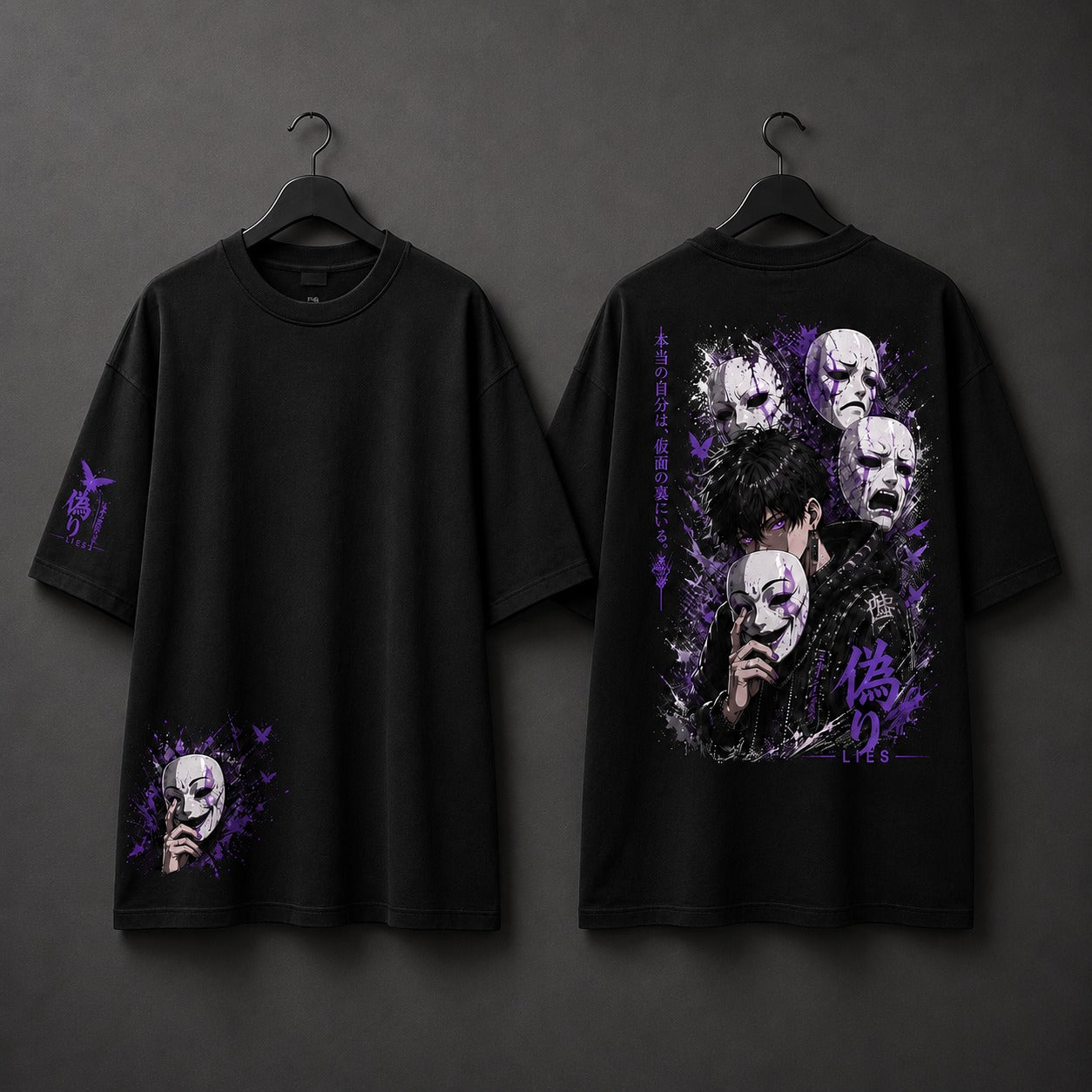 Black t-shirt with graphic design of masks and butterflies on a gray background