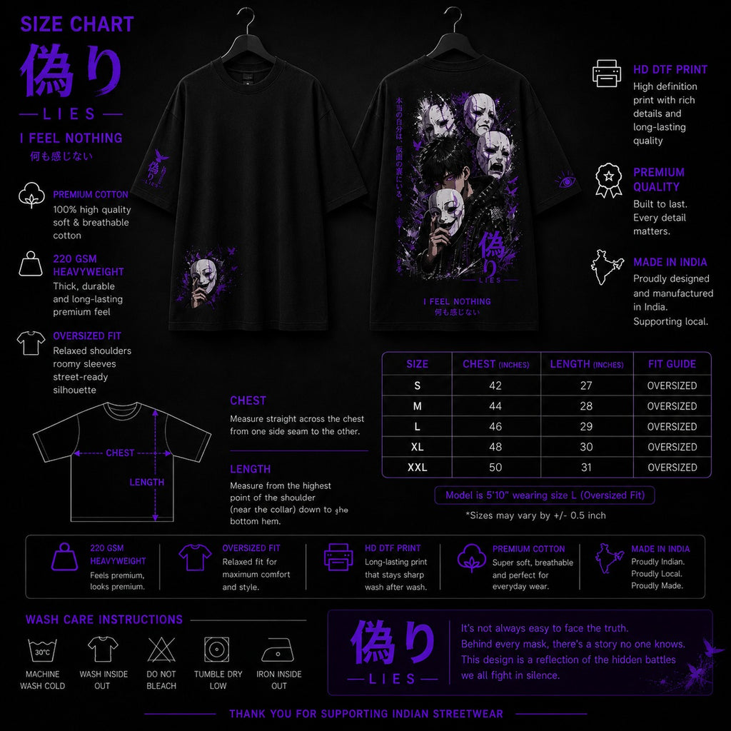 Black t-shirt with graphic design and size chart on a dark background