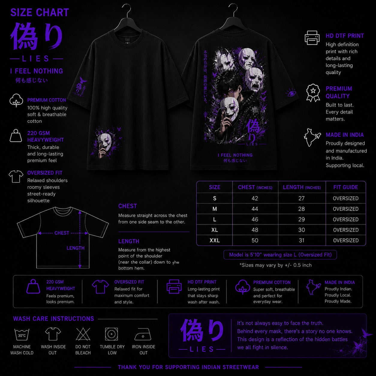Black t-shirt with graphic design and size chart on a dark background