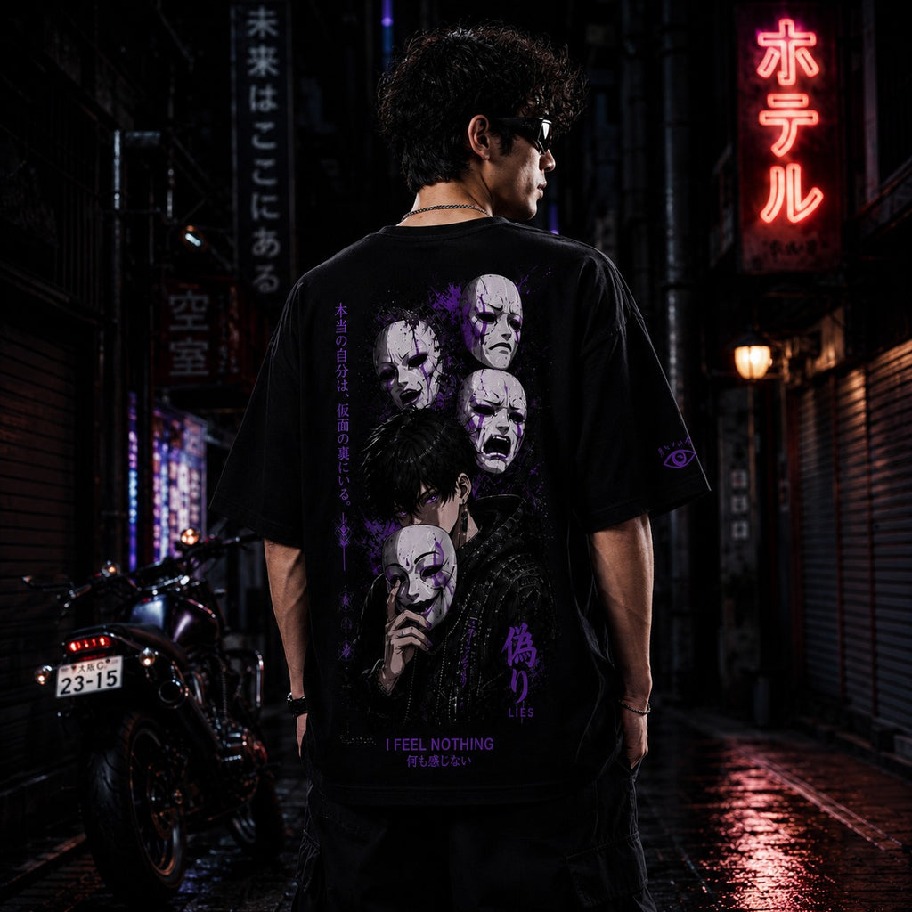 Person wearing a black t-shirt with graphic designs and text in a neon-lit urban setting