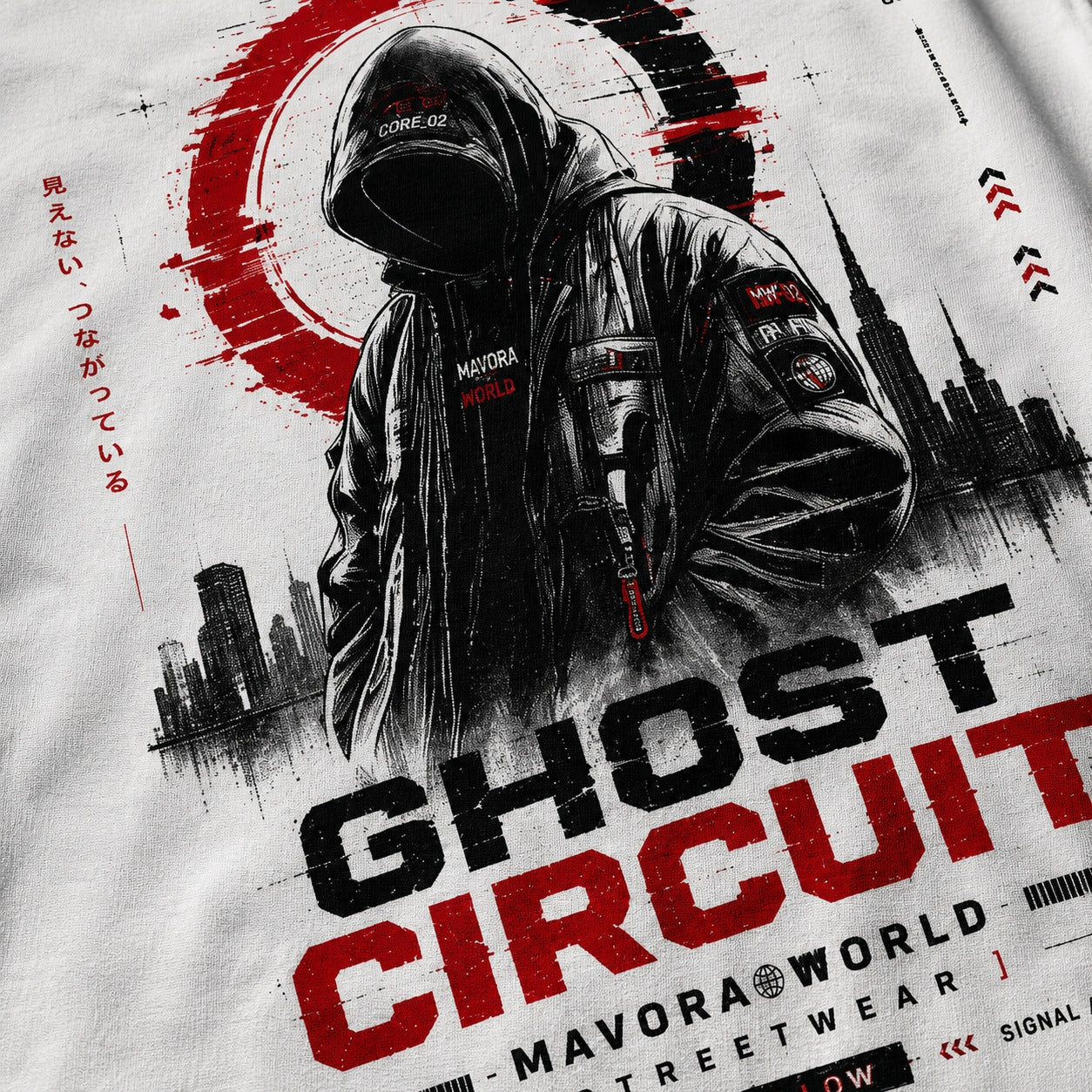 T-shirt with a hooded figure and 'Ghost Circuit' text on a cityscape background