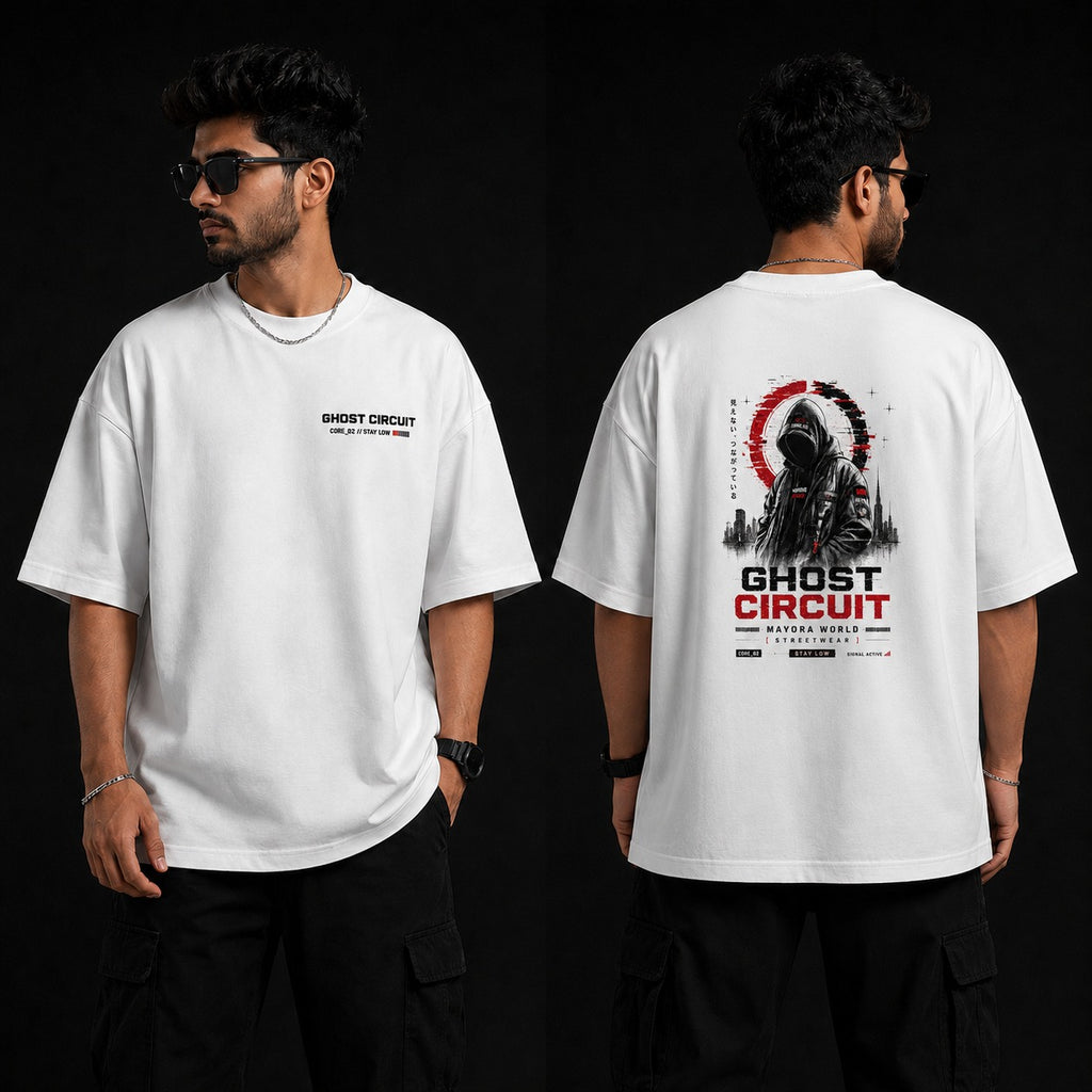 Person wearing a white t-shirt with 'Ghost Circuit' design on front and back, against a black background