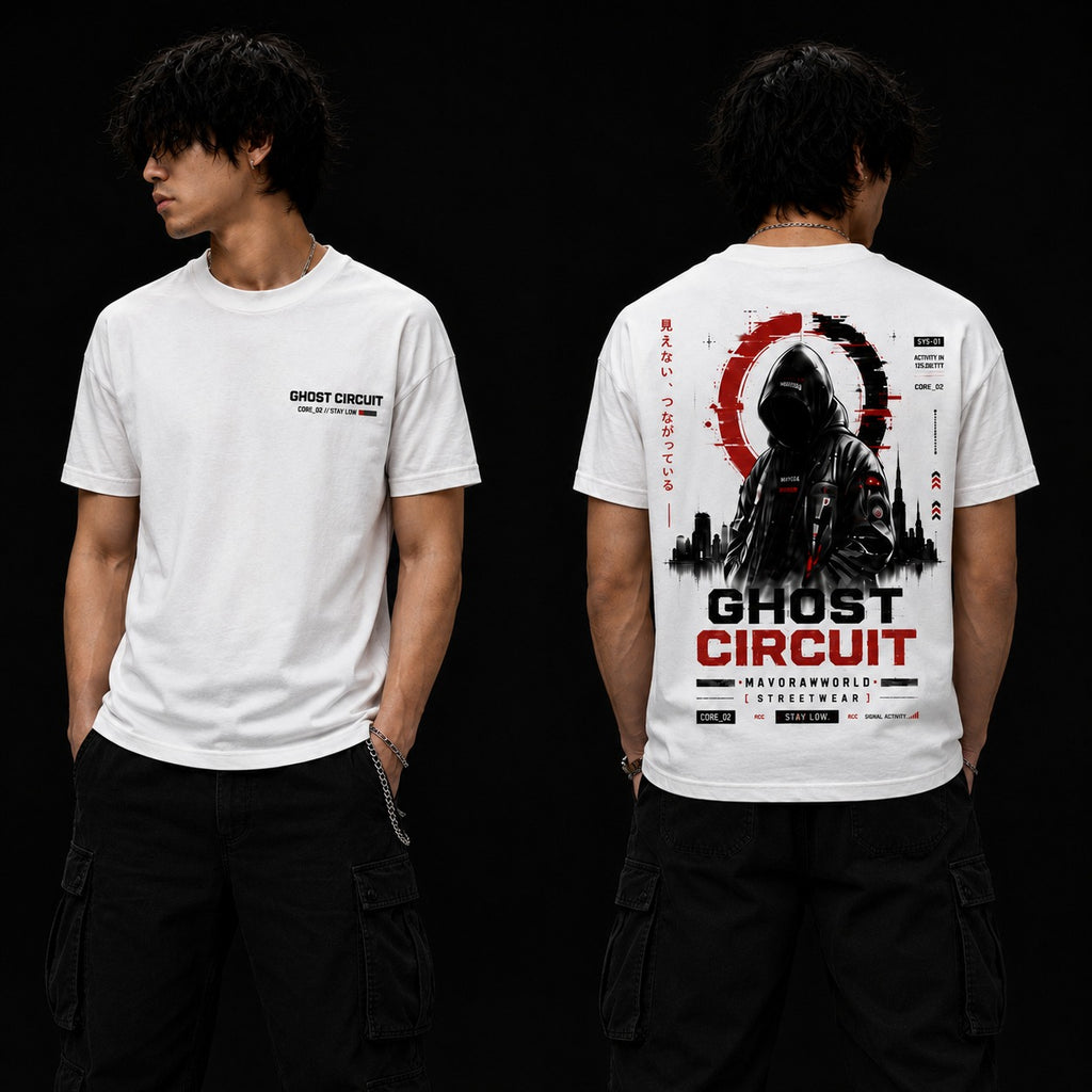 A white short-sleeve graphic T-shirt shown on a model from both front and back against a black background. The front has a small black 'GHOST CIRCUIT' logo on the left chest, and the back features a large black-and-red graphic with the words 'GHOST CIRCUIT' and additional Japanese-style text.
