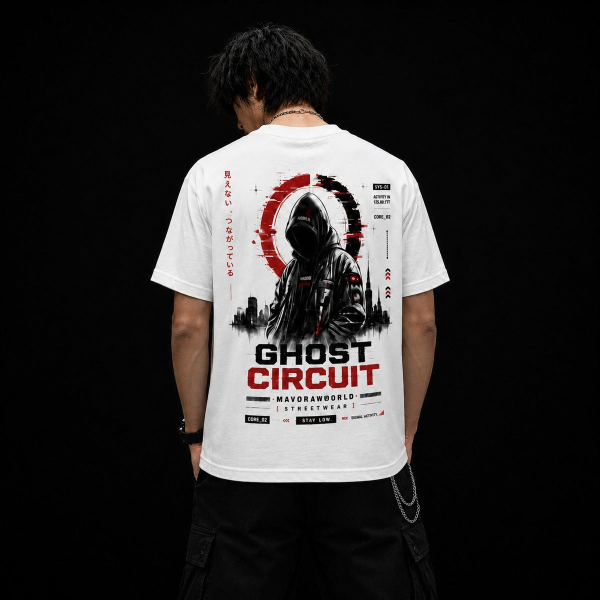 A man viewed from behind wearing a white t-shirt with a large graphic print on the back. The graphic features a hooded figure, a red circular design, and the text 'GHOST CIRCUIT' in black and red, with 'MAYGRAWORLD STREETWEAR' written below.