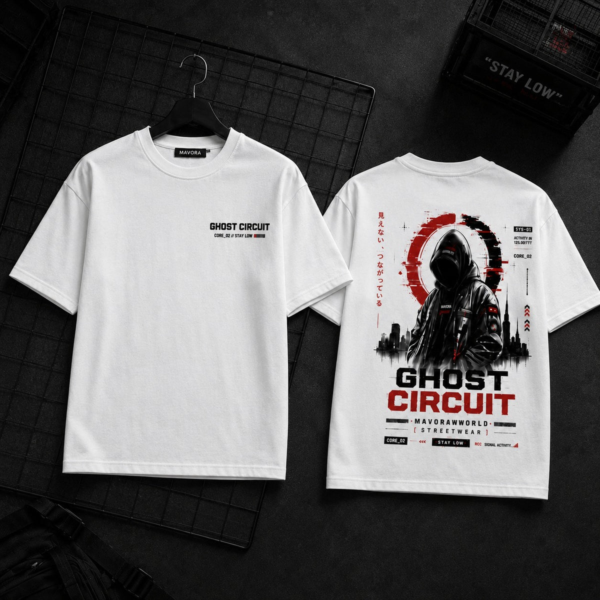 A white short-sleeve T-shirt shown from both front and back on a black hanger against a dark studio background. The front has small black 'GHOST CIRCUIT' text on the left chest, and the back features a large black-and-red graphic with the words 'GHOST CIRCUIT' and additional stylized text.