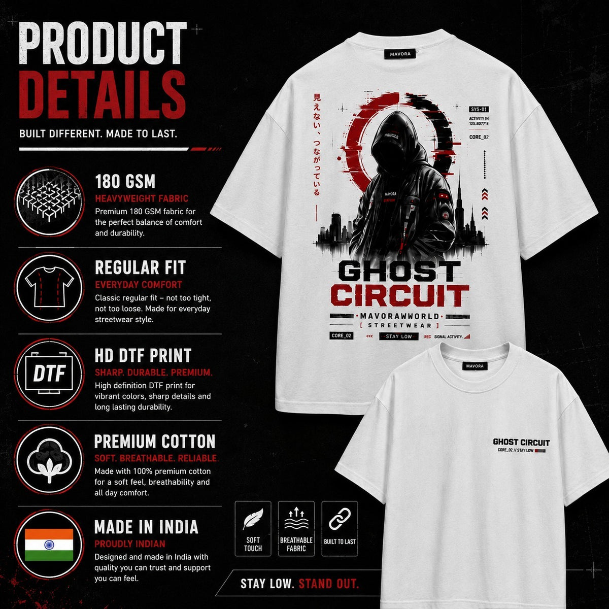 A product details graphic for a white t-shirt featuring a black and red 'Ghost Circuit' graphic print. The layout shows the back view of the t-shirt with a large graphic, a smaller front view, and a small folded view, alongside text highlighting fabric features like 180 GSM, DTF printing, and premium cotton.